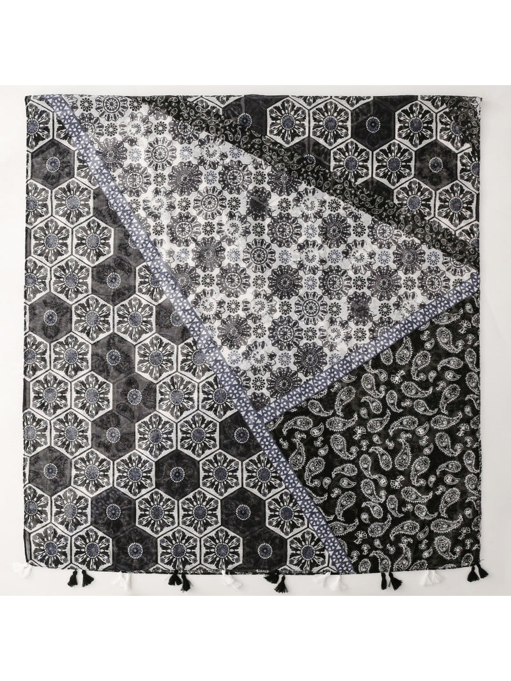 Multicolor patchwork scarf with paisley, floral and geometric motifs, full spread view