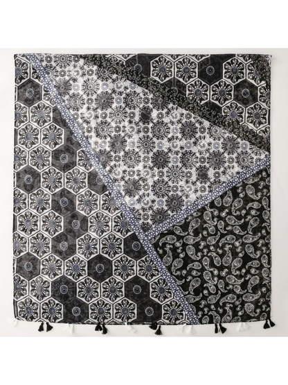 Multicolor patchwork scarf with paisley, floral and geometric motifs, full spread view