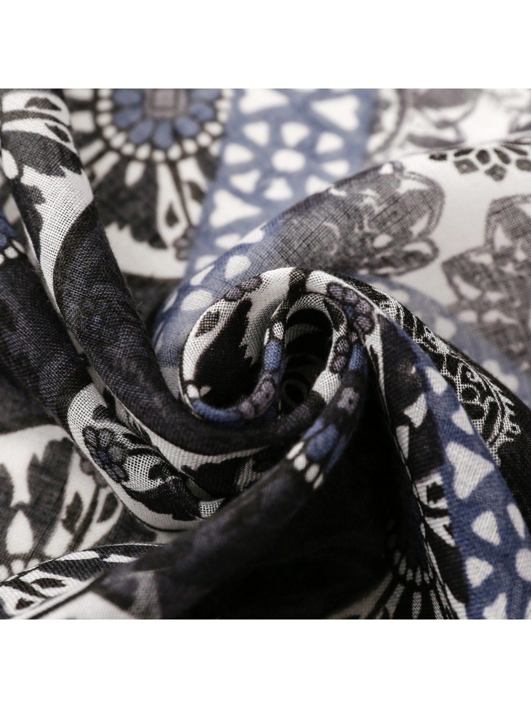 Close-up of the scarf's fine weave and overlapping patchwork motifs
