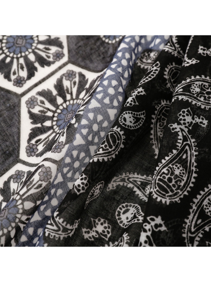 Close-up of blue geometric borders beside floral and paisley motifs