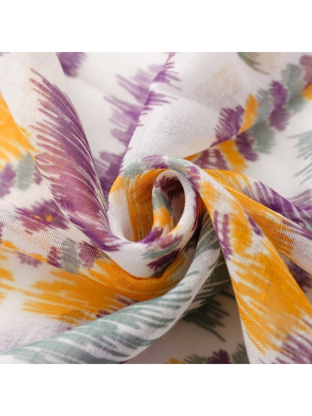 Close-up of the multicolor scarf's fine weave and semi-sheer appearance