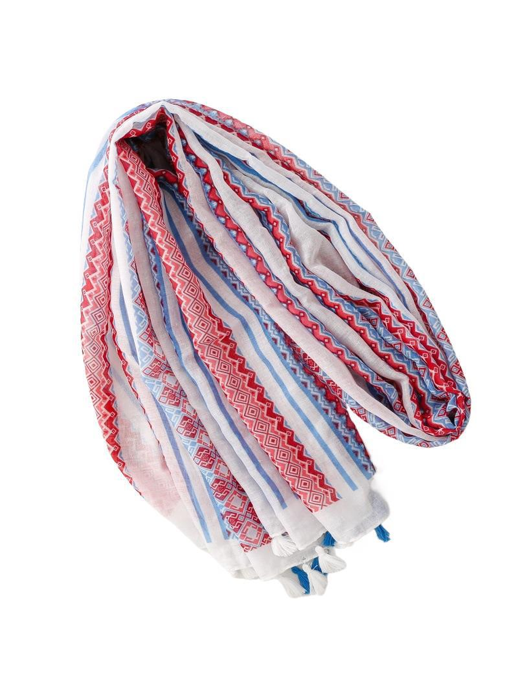 White scarf with red and blue geometric stripes and tassels, looped view