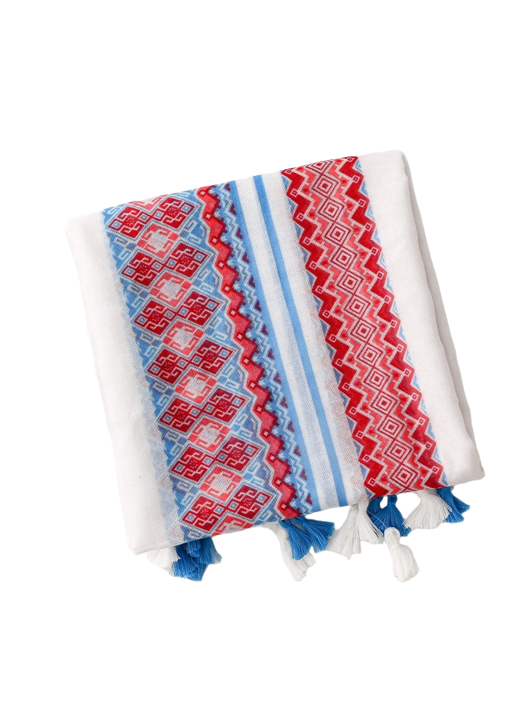 Folded white scarf with red and blue geometric stripes and tassels