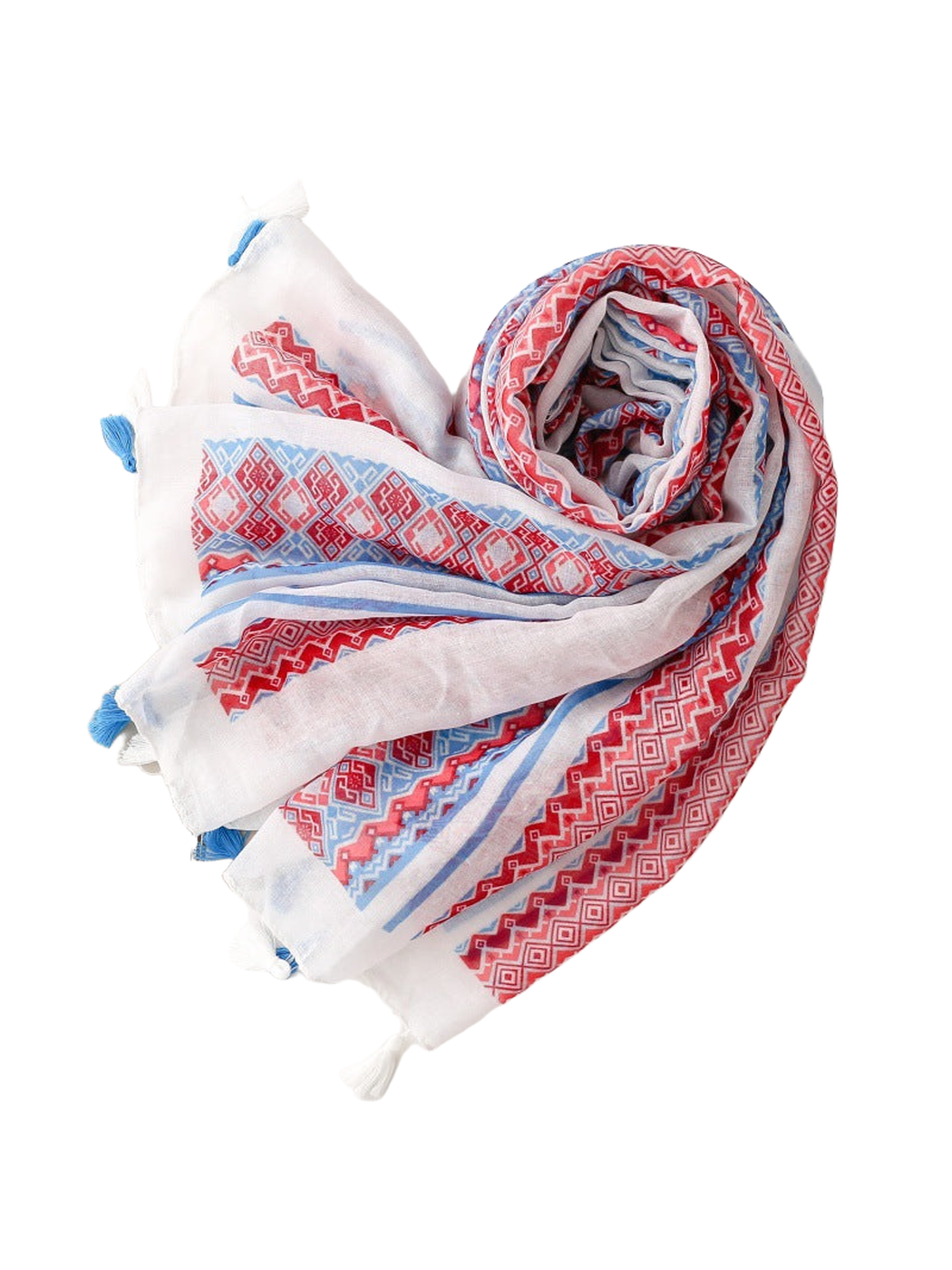 White scarf with red and blue geometric stripes arranged in a loose coil
