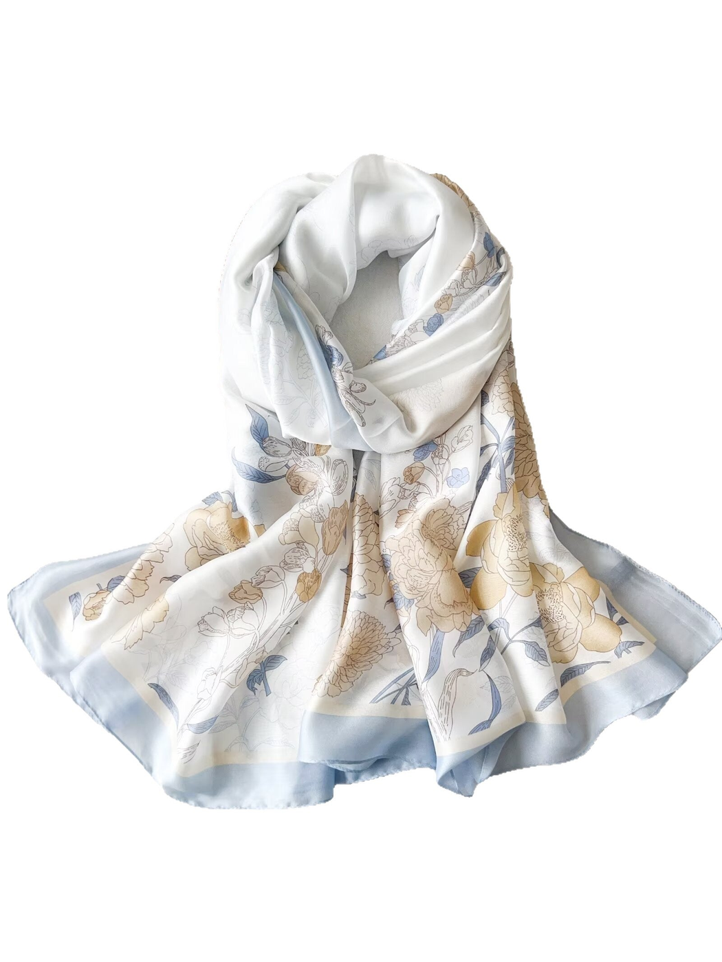 Light Blue floral scarf with contrasting border in a dimensional draped view