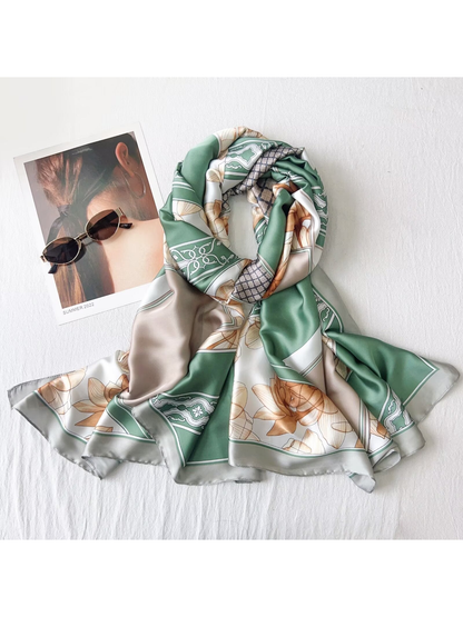 Green and cream floral long rectangular scarf arranged in a dimensional drape