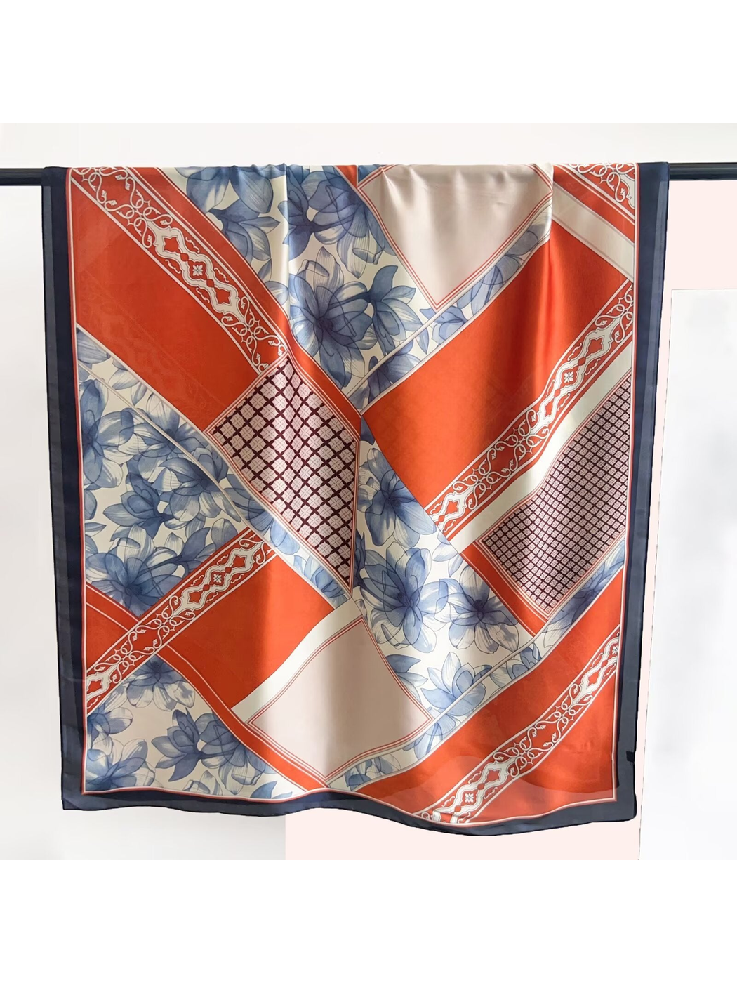 Orange-red, blue and cream long rectangular scarf with floral and geometric patchwork print