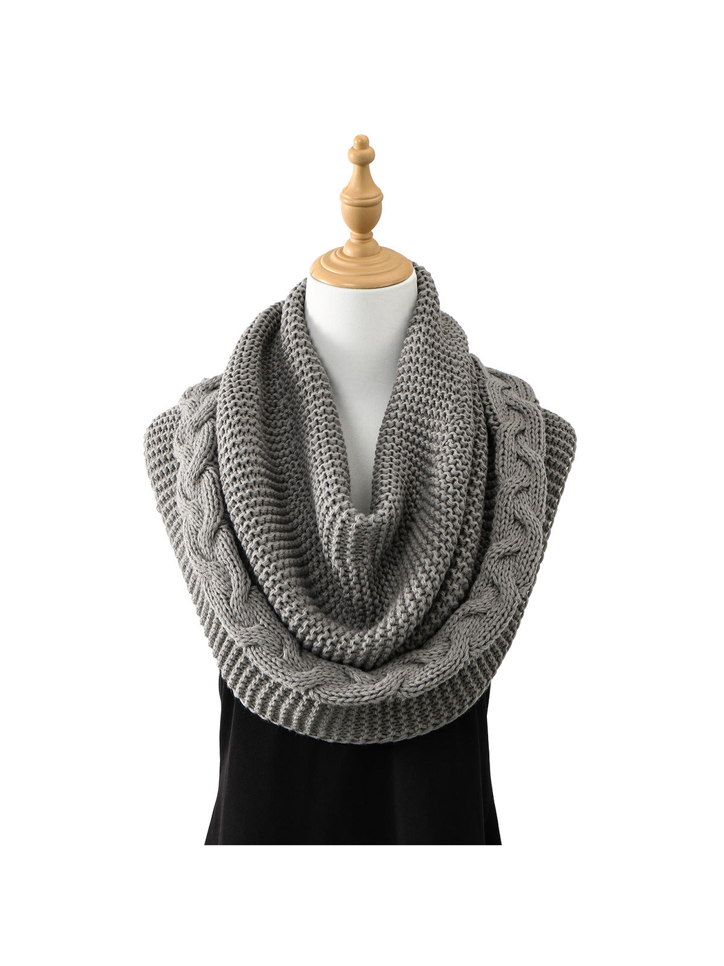 Gray knit infinity scarf with braided cable border, draped front view