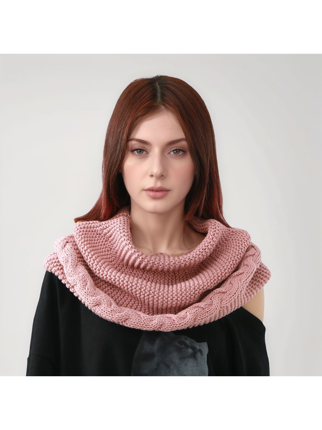 Dusty Pink knit infinity scarf worn high around the neck