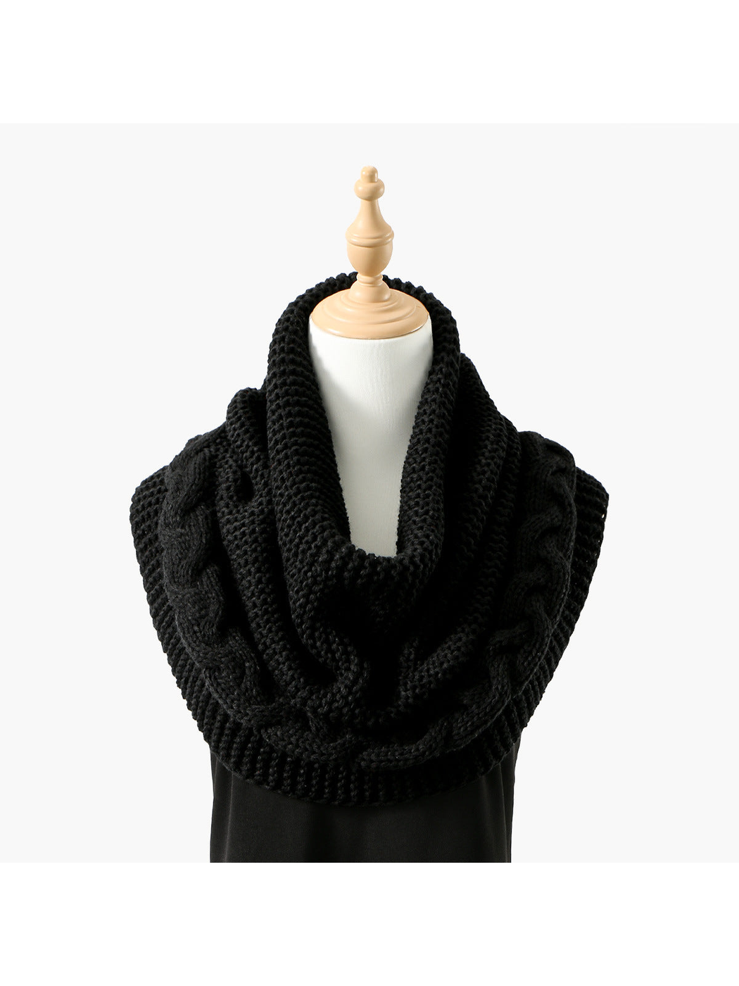 Black knit infinity scarf with braided cable border, draped front view