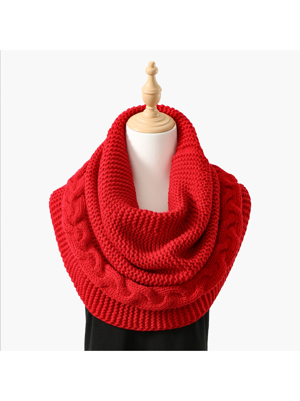 Red knit infinity scarf with braided cable border, draped front view