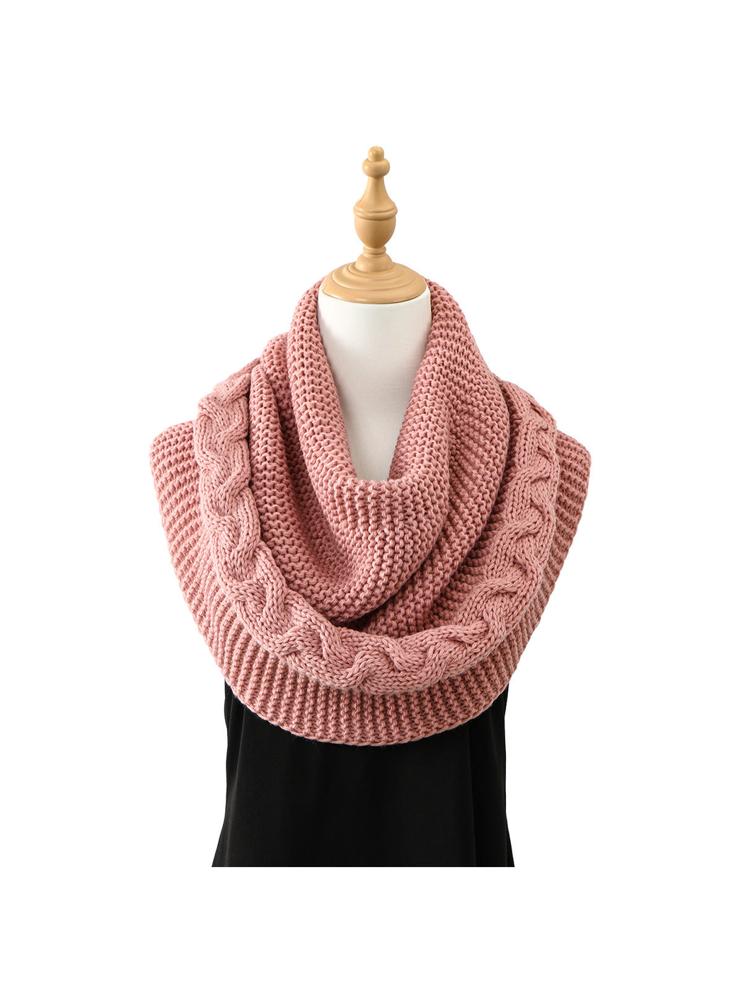 Dusty Pink knit infinity scarf with braided cable border, draped front view