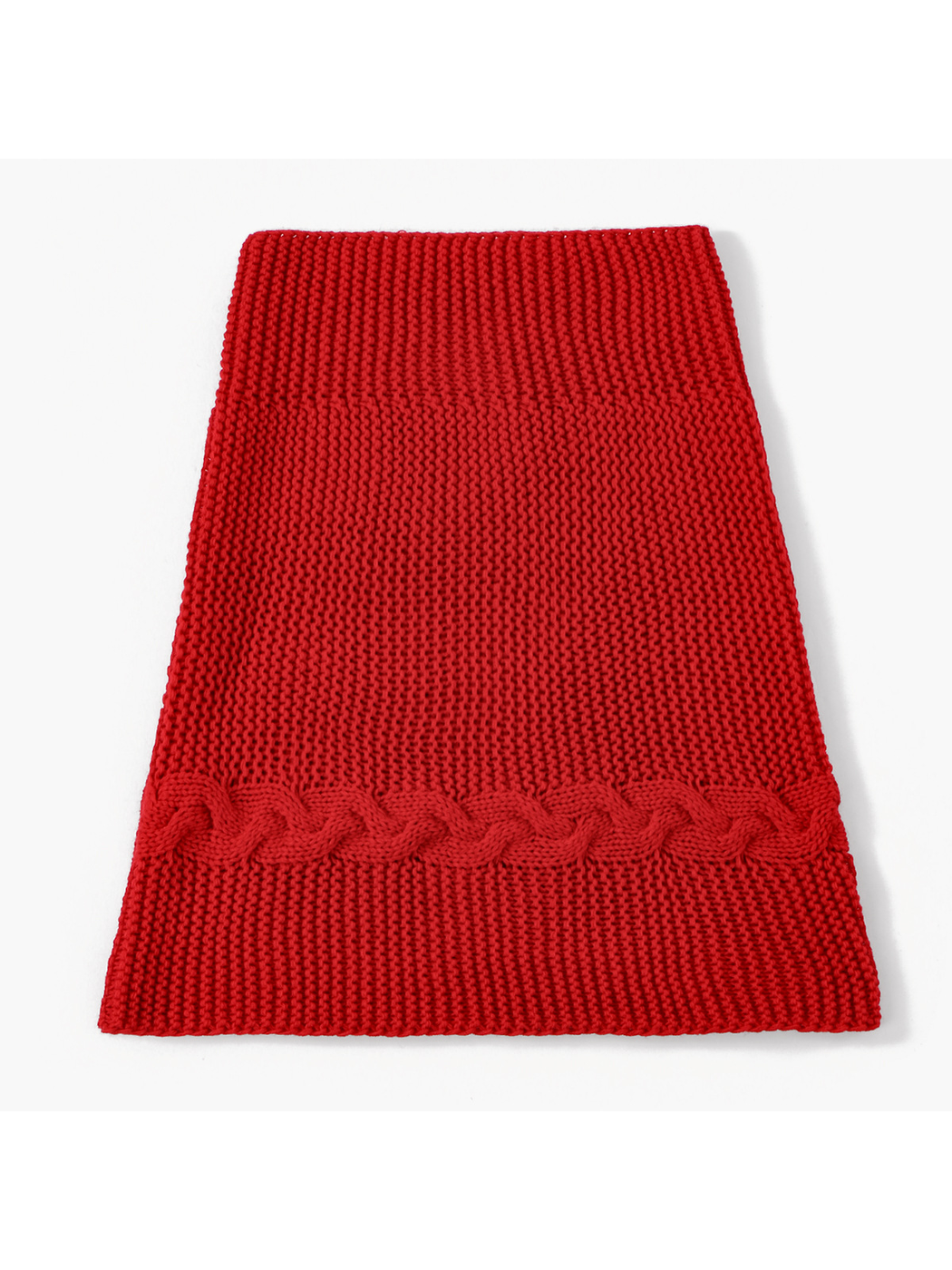 Red knit infinity scarf laid flat to show the continuous loop and braided border
