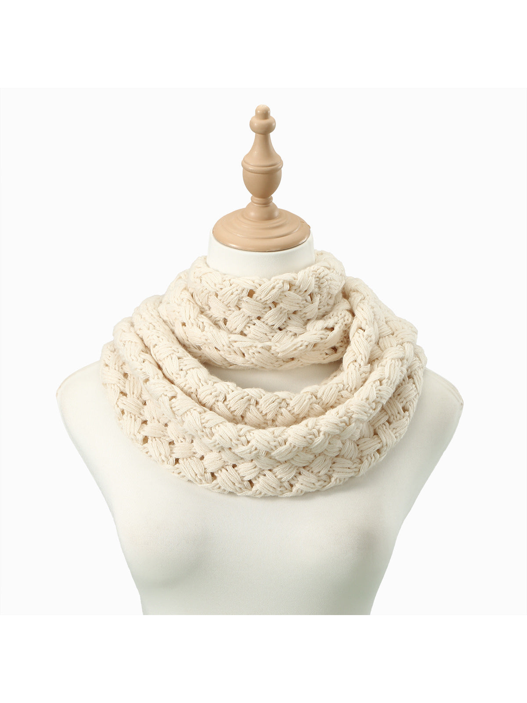 Cream Basket infinity scarf looped on a dress form