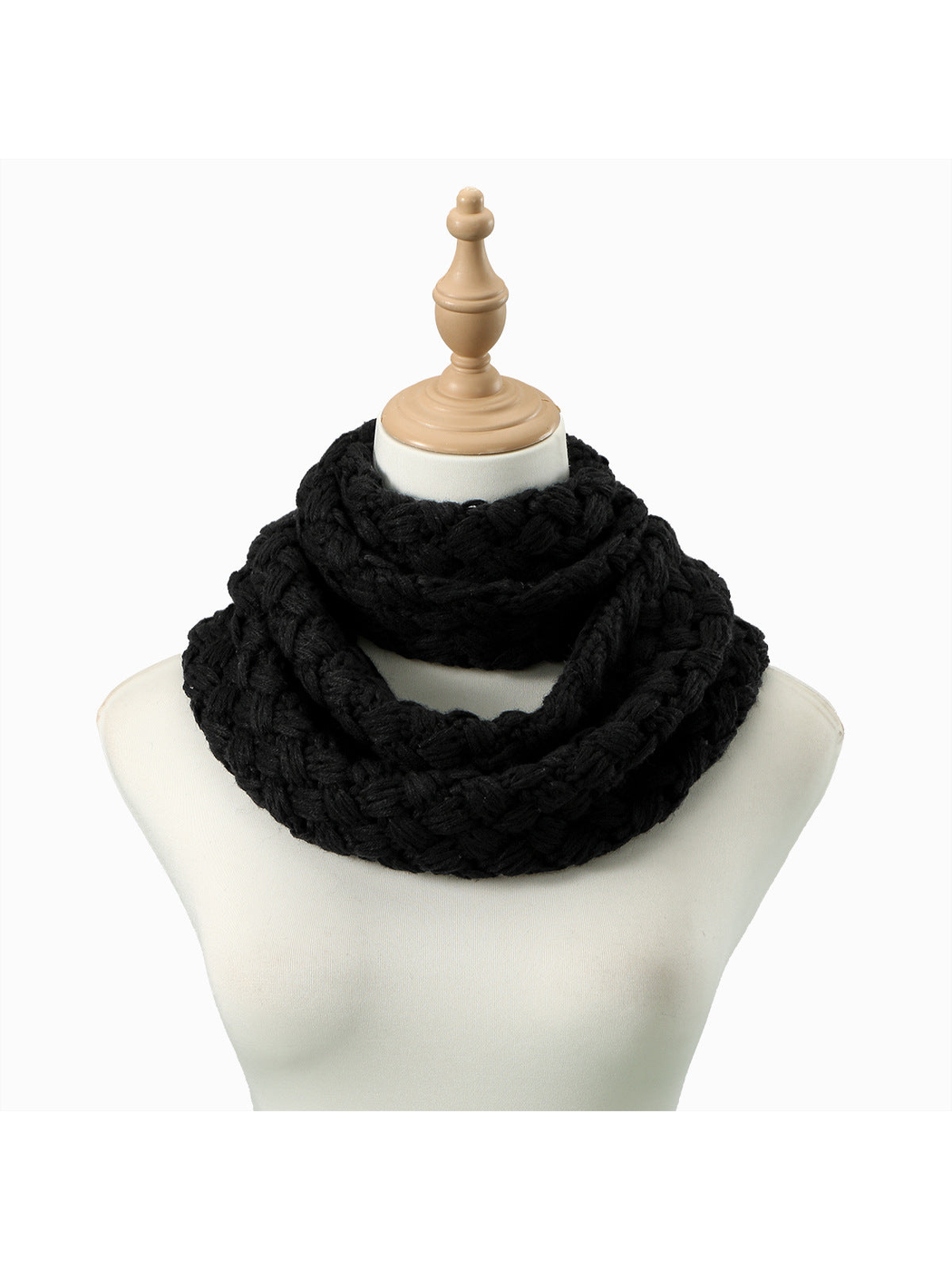 Black Basket infinity scarf looped on a dress form