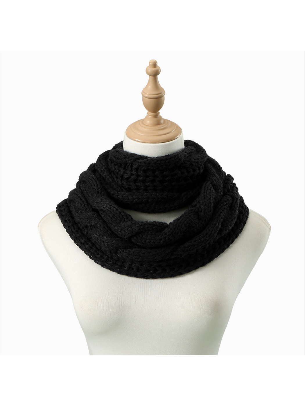 Black Cable infinity scarf looped on a dress form