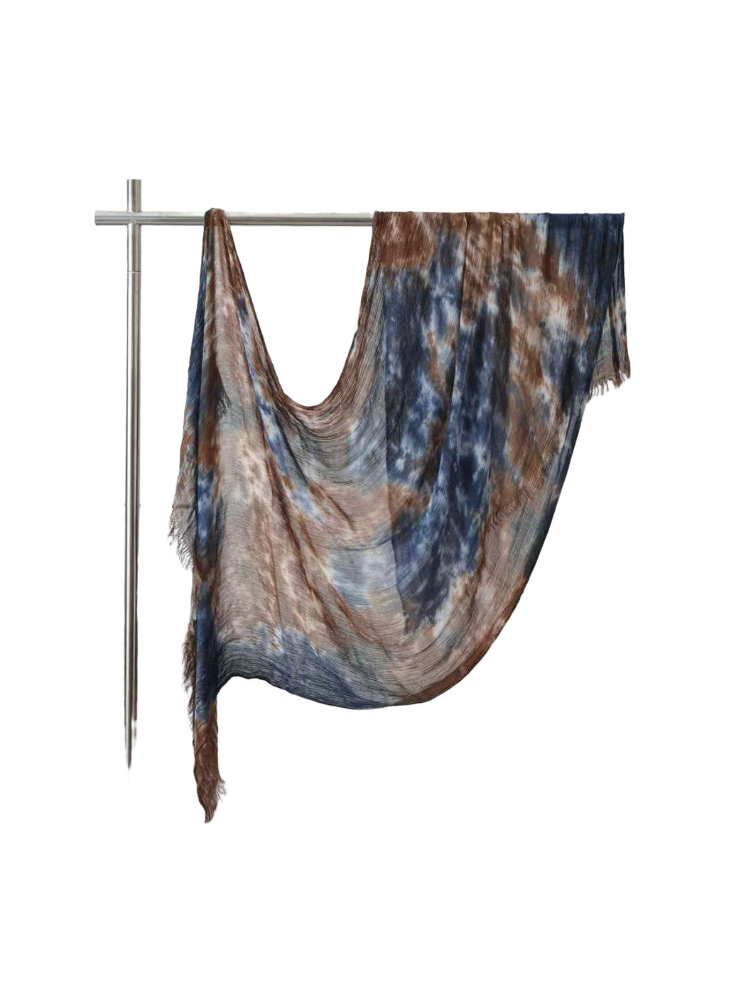 Blue and brown abstract-pattern scarf with fringed ends, full draped view