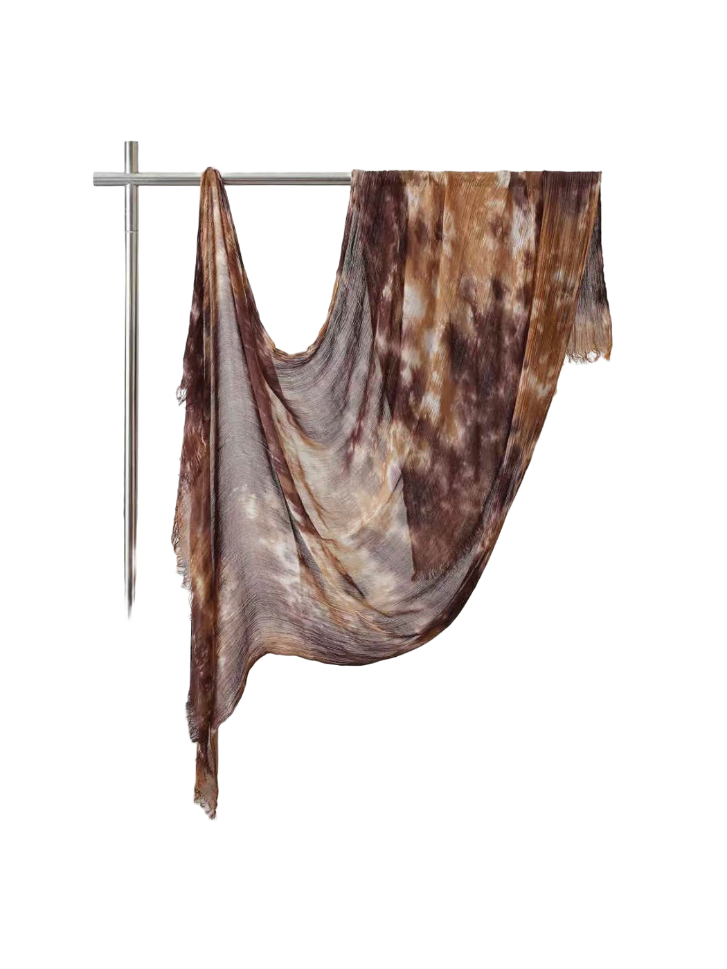 Caramel and brown abstract-pattern scarf with fringed ends, full draped view