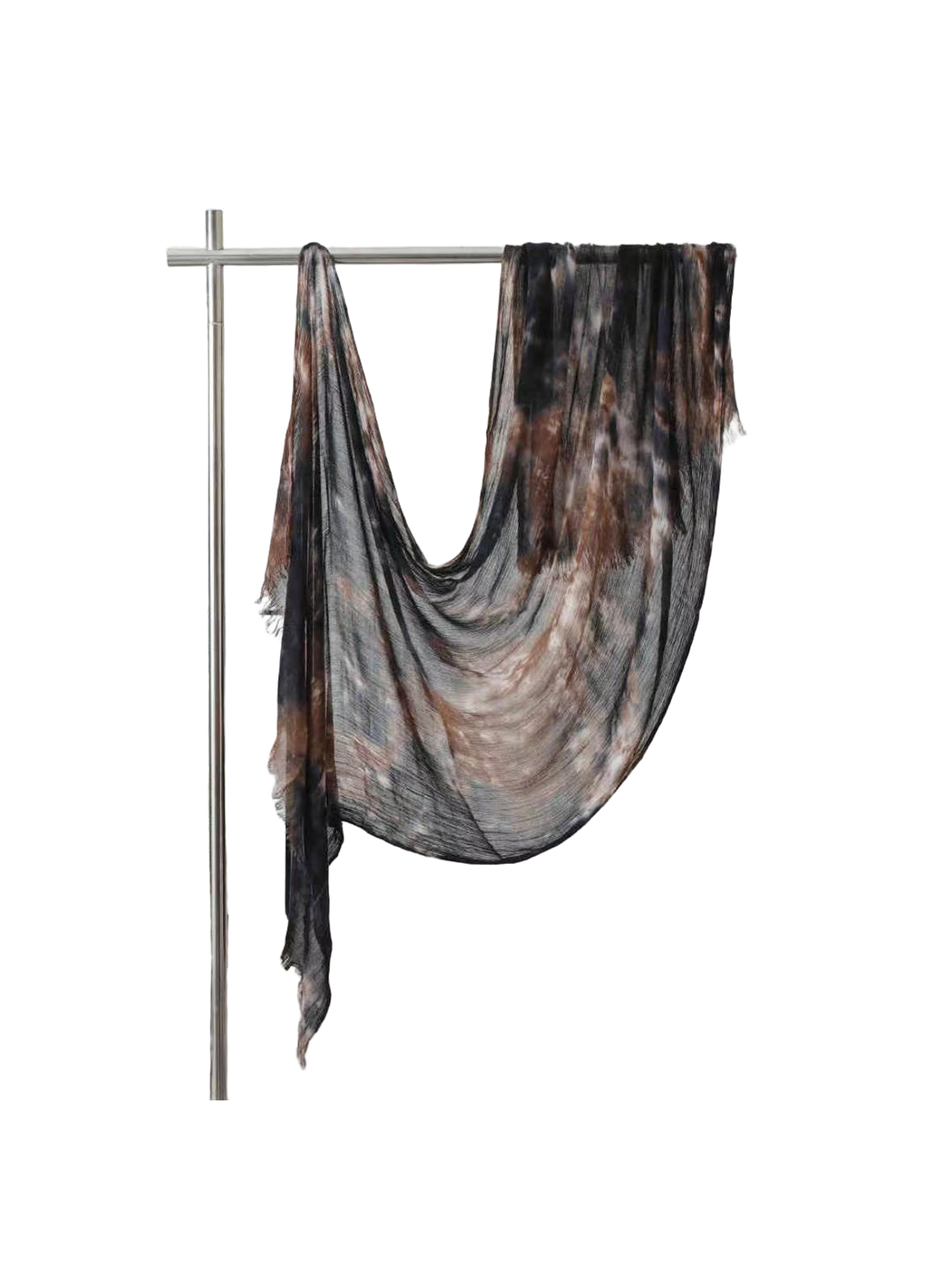 Black, gray and brown abstract-pattern scarf with fringed ends, full draped view