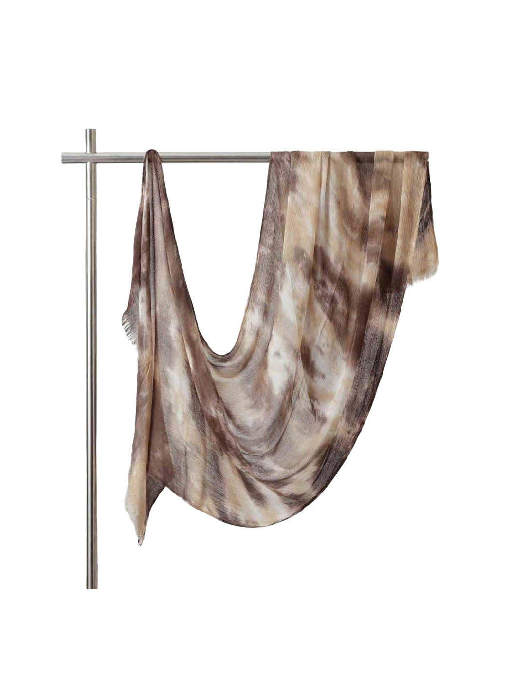 Beige and brown abstract-pattern scarf with fringed ends, full draped view