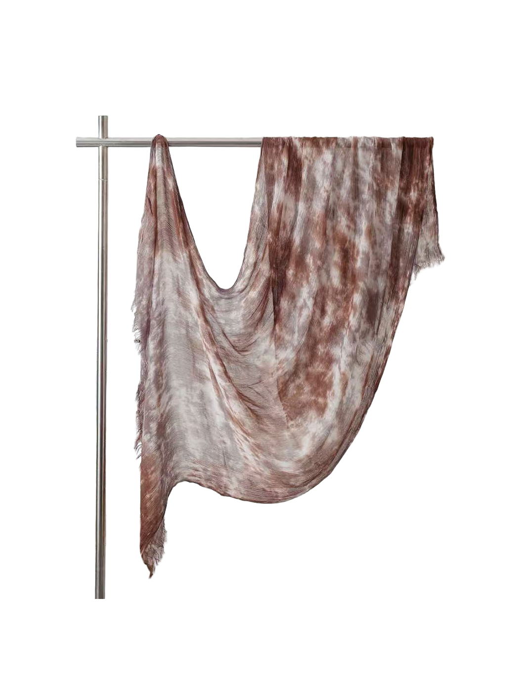 Light brown and cream abstract-pattern scarf with fringed ends, full draped view