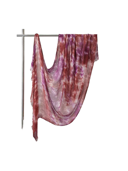 Purple and burgundy abstract-pattern scarf with fringed ends, full draped view
