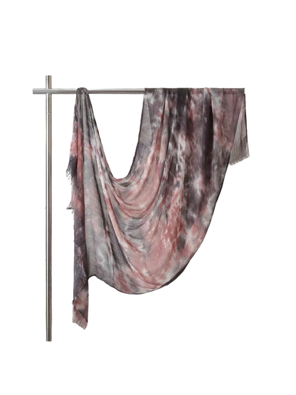 Dusty pink and gray abstract-pattern scarf with fringed ends, full draped view