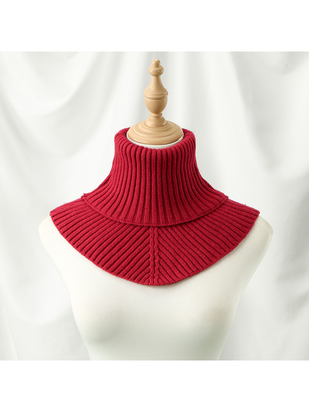 Burgundy ribbed turtleneck bib collar on a mannequin, front view
