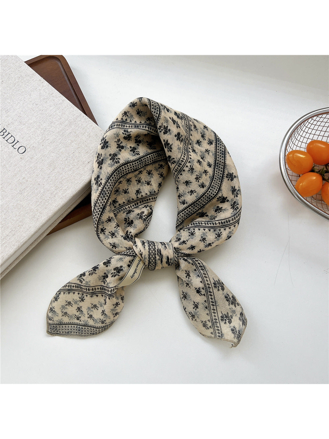 Beige Stripe square scarf tied in a loop