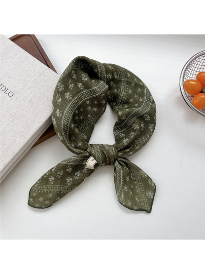 Green Stripe square scarf tied in a loop