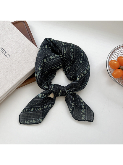 Black Stripe square scarf tied in a loop