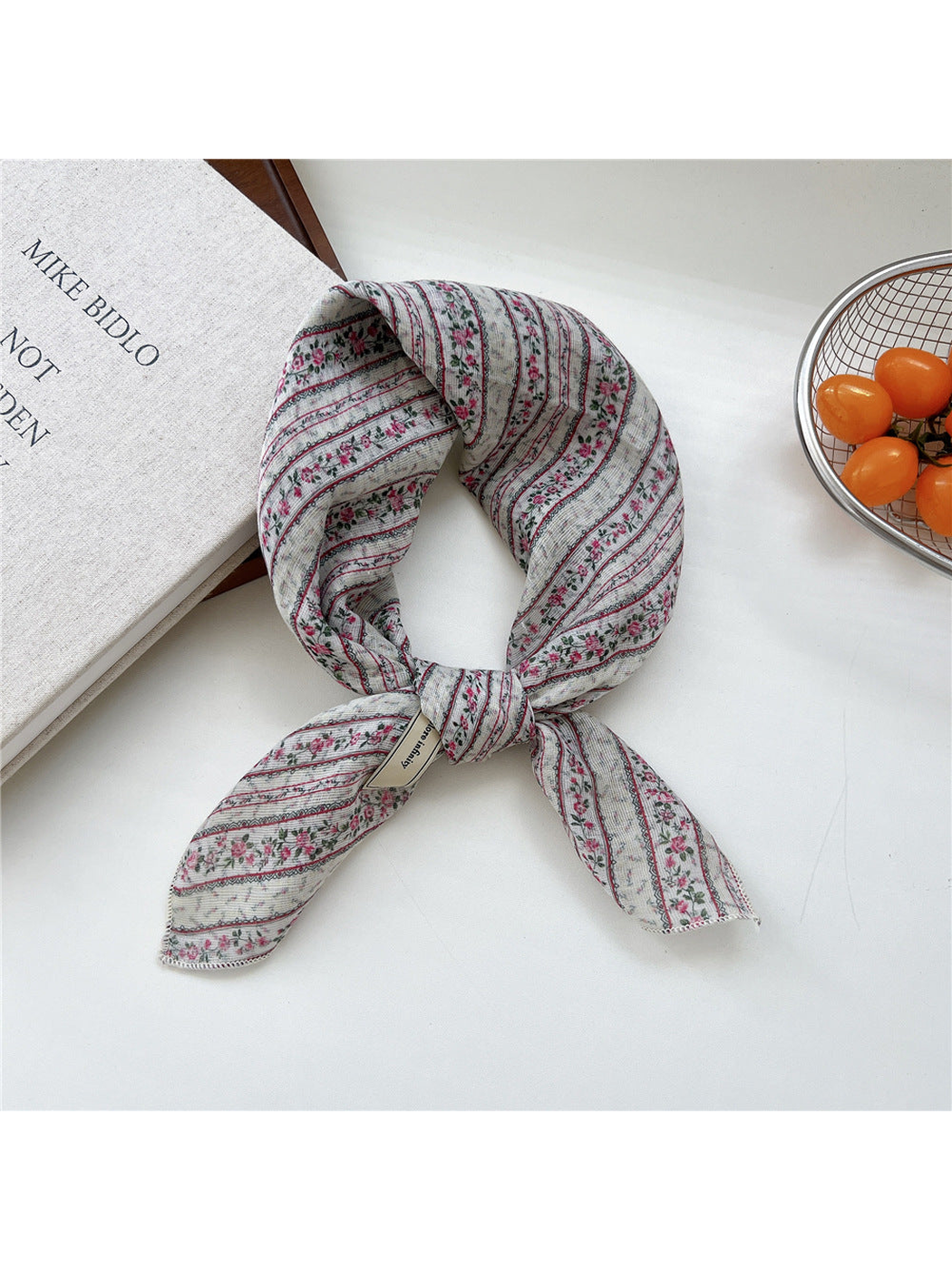 Pink Stripe square scarf tied in a loop