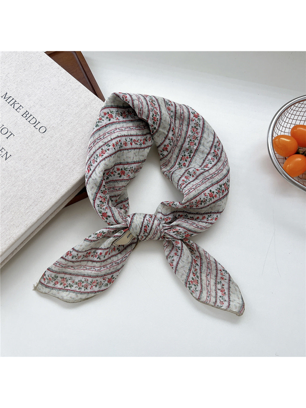 Orange Stripe square scarf tied in a loop