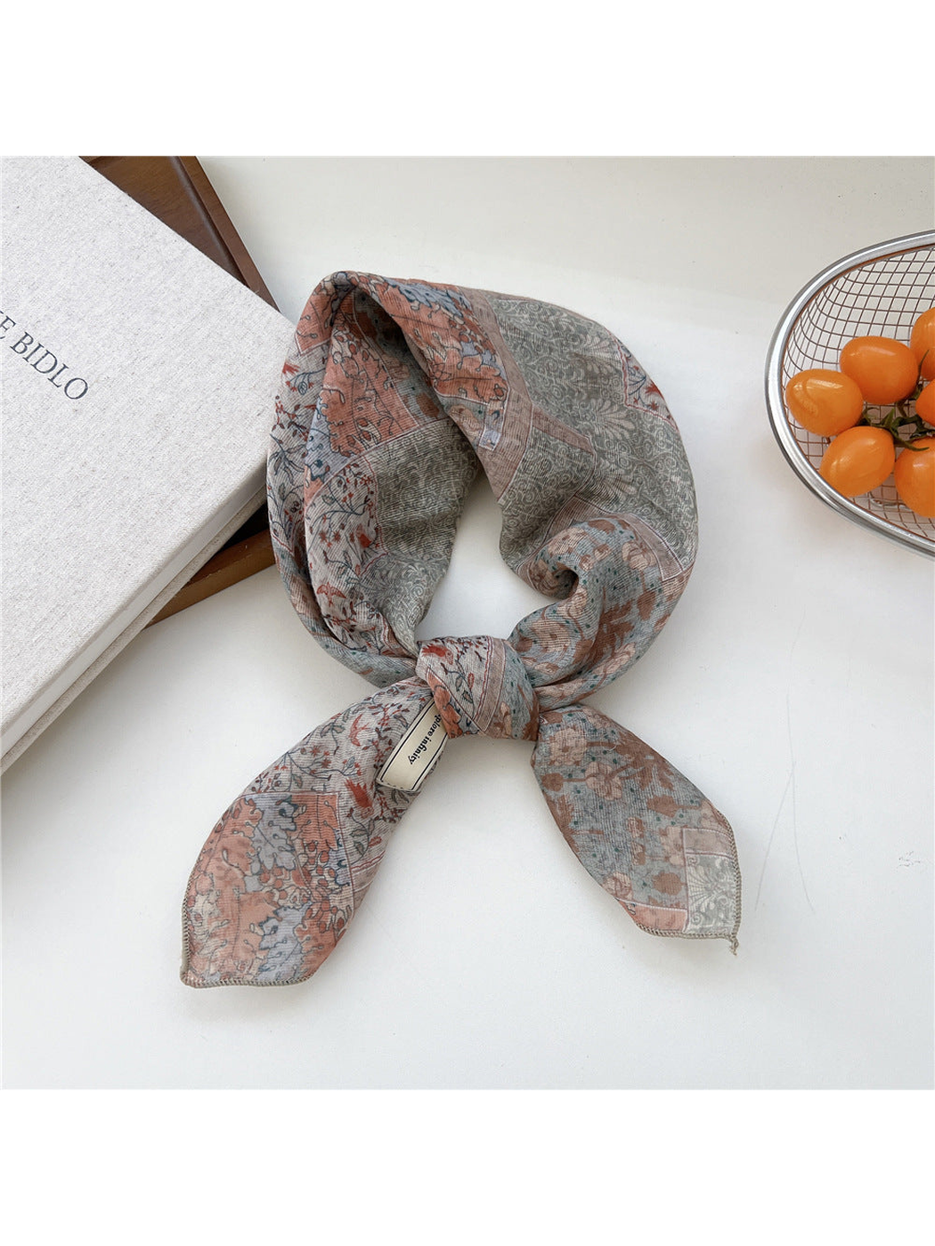 Floral Patchwork square scarf tied in a loop