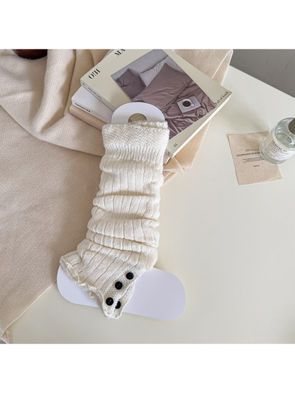 White ribbed leg warmer with a textured cuff and black button trim.