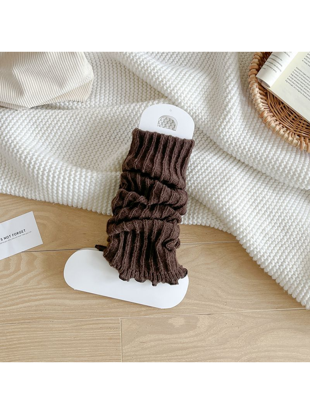Coffee ribbed leg warmers with a ruffled edge