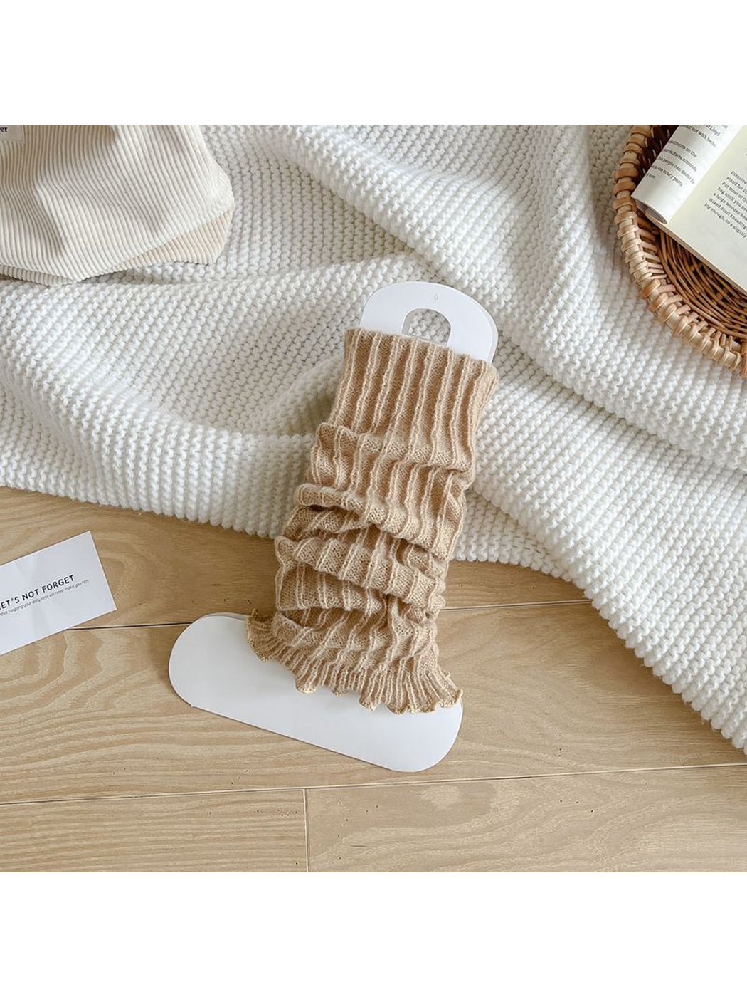 Camel ribbed leg warmers with a ruffled edge