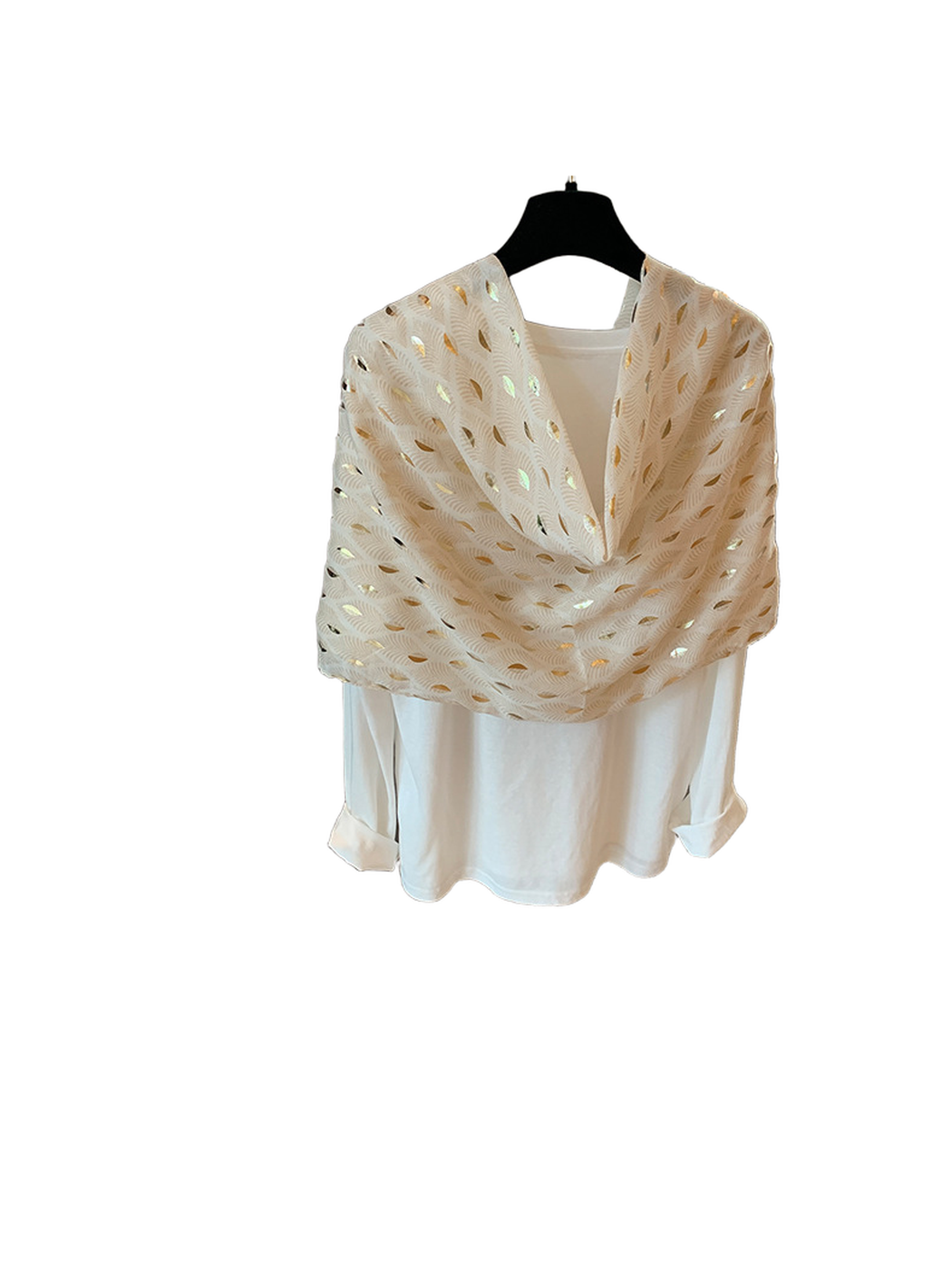 Beige scarf looped around a white top, front view
