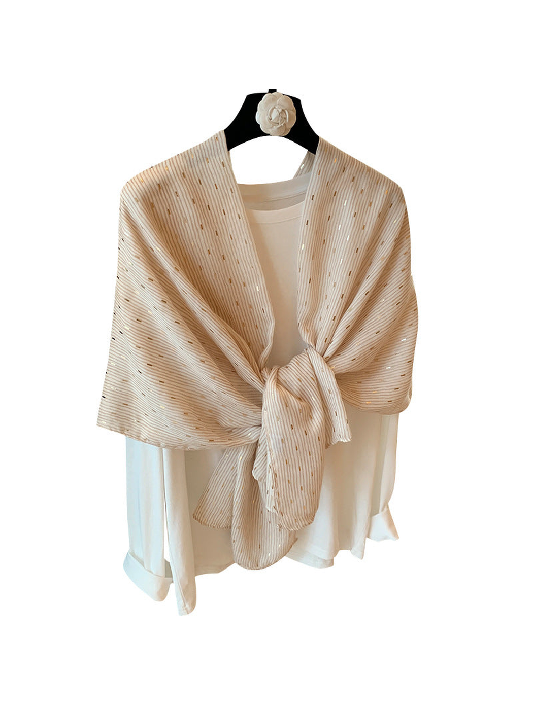 Beige pleated scarf with scattered metallic dash accents, tied front view