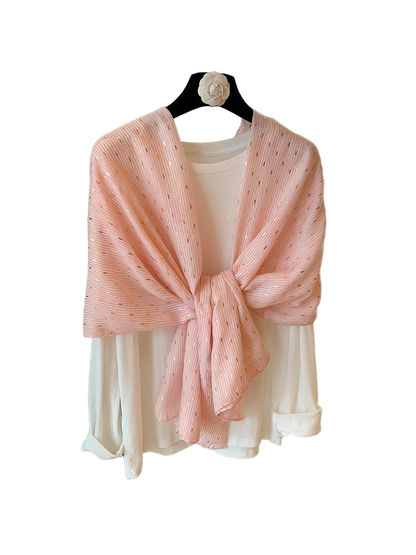 Light Pink pleated scarf with scattered metallic dash accents, tied front view