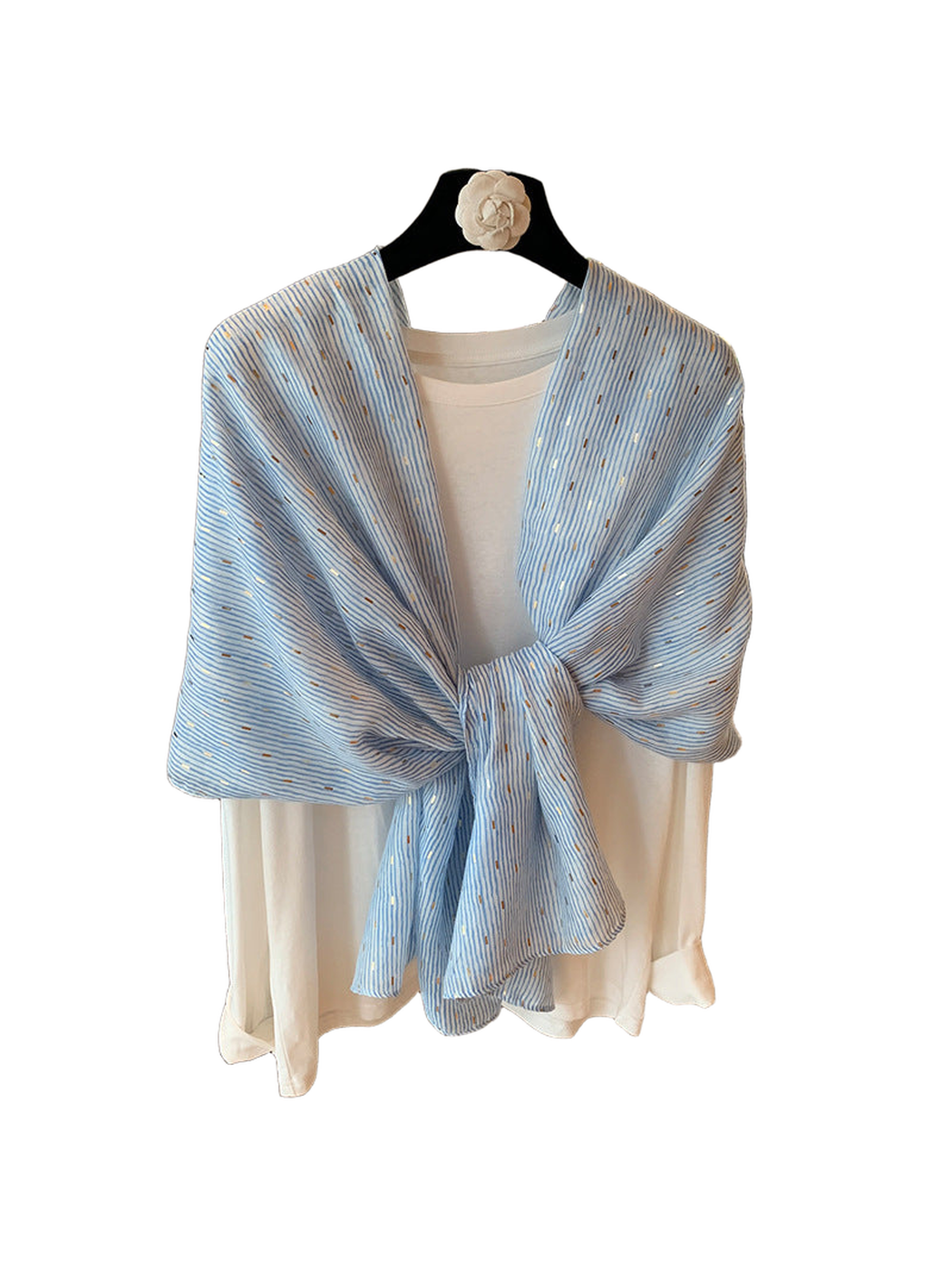 Light Blue pleated scarf with scattered metallic dash accents, tied front view