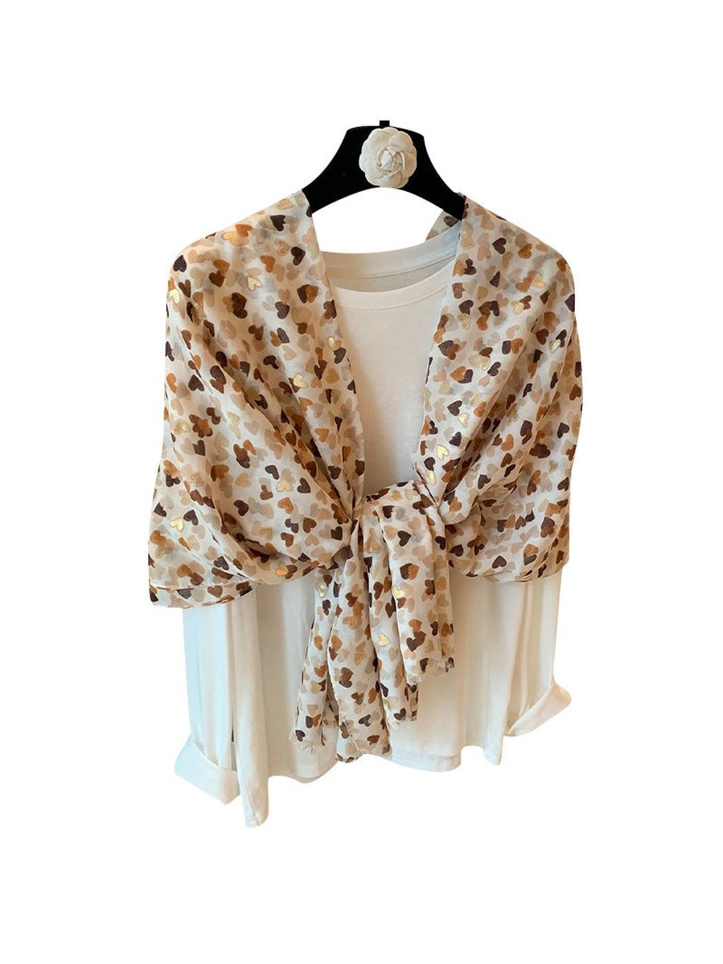 Beige scarf with scattered brown heart-like motifs and gold-tone accents, draped front view