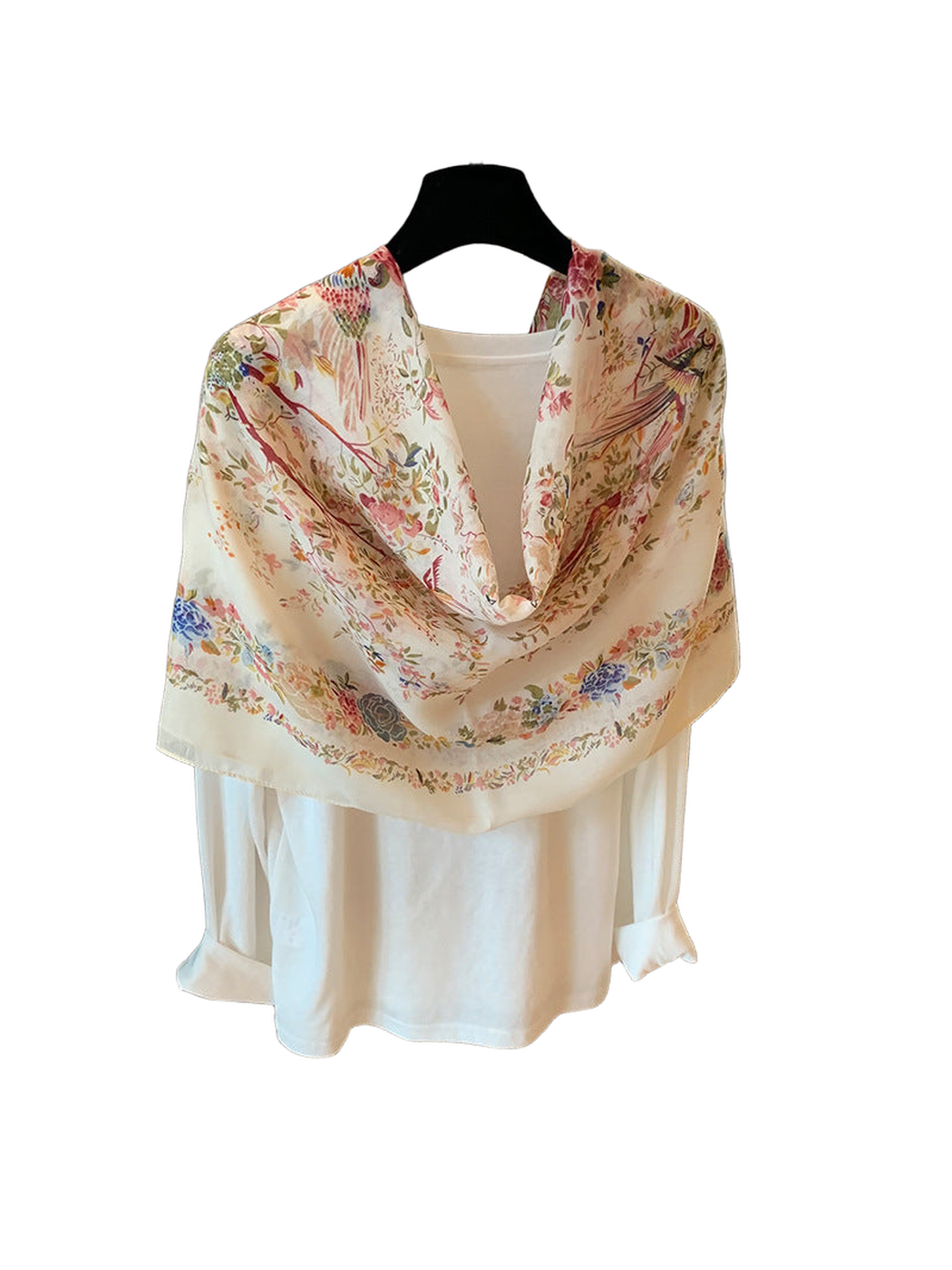Ivory floral and bird print scarf arranged in a looped drape