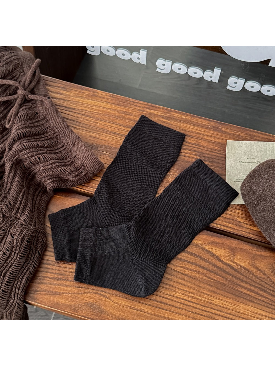Black open-toe socks with chevron pointelle knit pattern