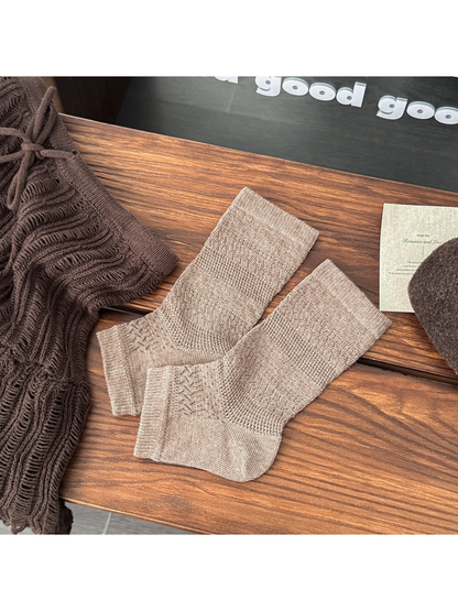 Khaki open-toe socks with chevron pointelle knit pattern