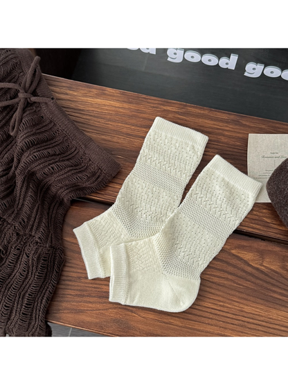 Cream open-toe socks with chevron pointelle knit pattern