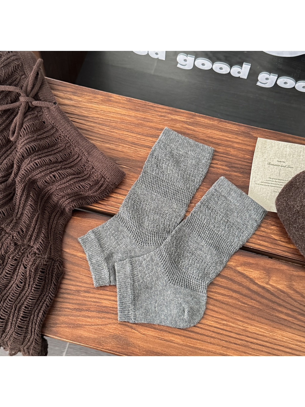Dark Gray open-toe socks with chevron pointelle knit pattern