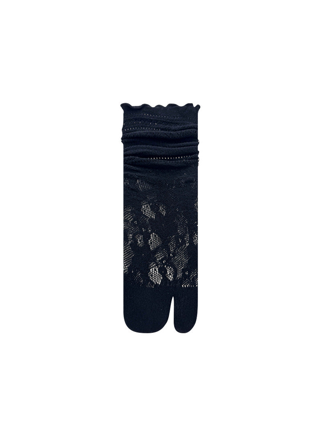 Black floral openwork split-toe knee-high sock with scalloped cuff