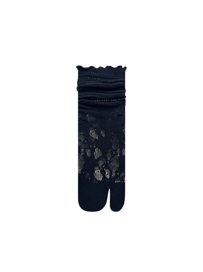 Black floral openwork split-toe knee-high sock with scalloped cuff