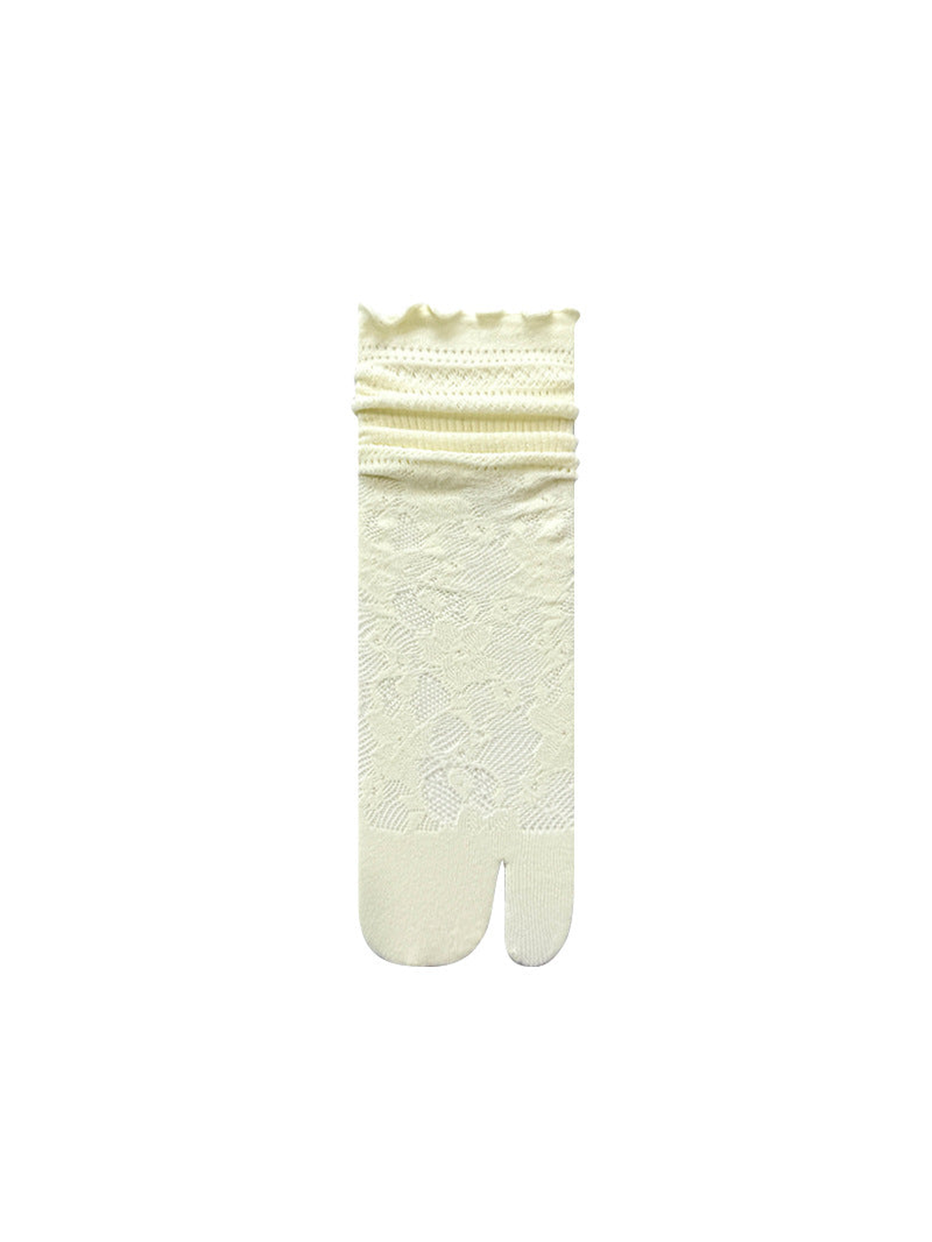 Ivory floral openwork split-toe knee-high sock with scalloped cuff